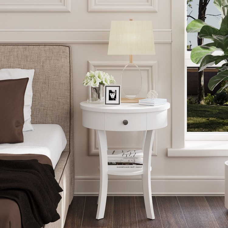 Round white end table with open drawer and shelf, made of MDF, perfect for bedside or living room storage.